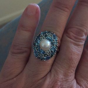 Pearl and Blue Topaz Ring - Sterling Silver